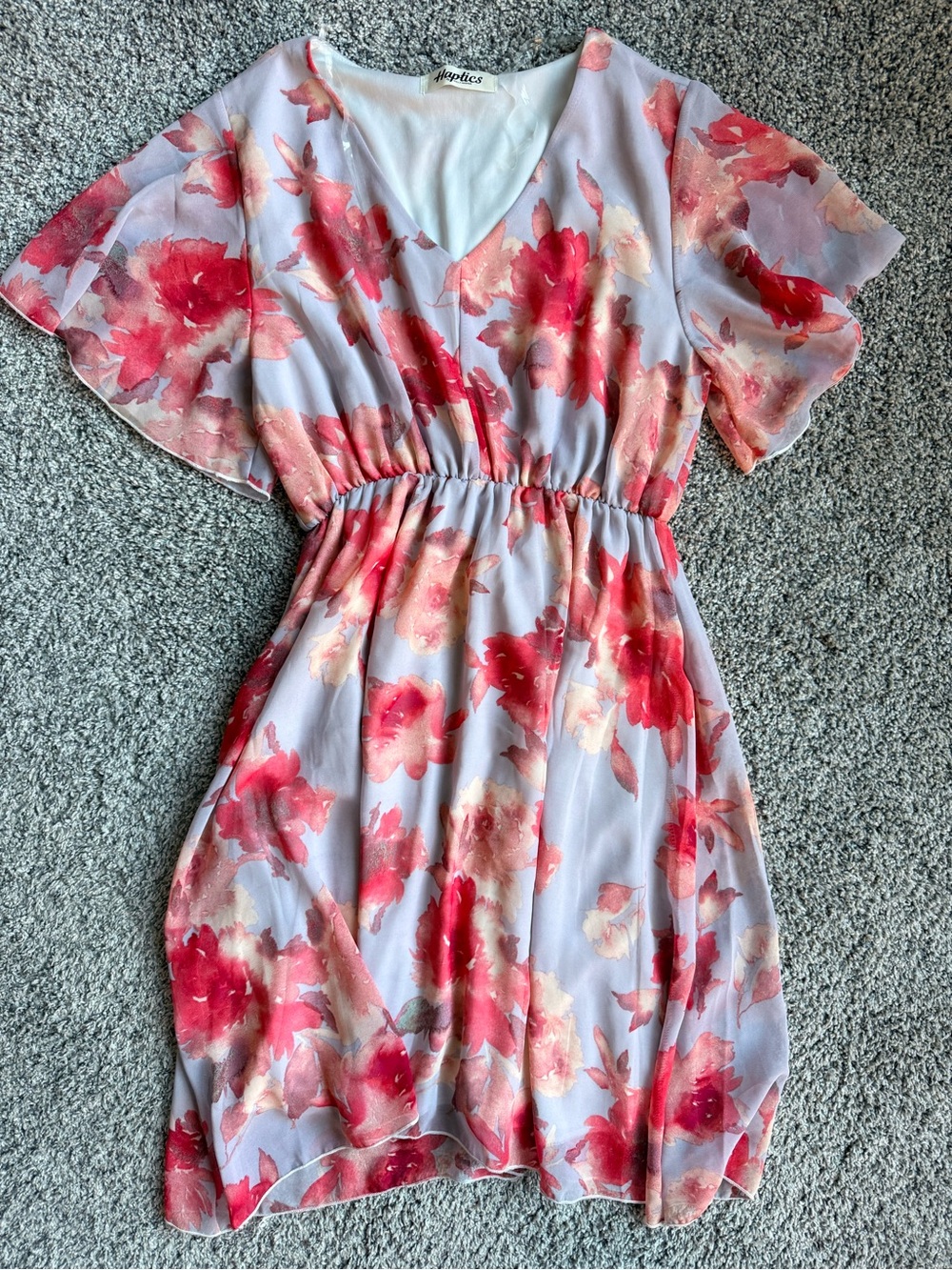 Women’s Floral V-Neck Flutter Sleeve Dress in Pink and Cream